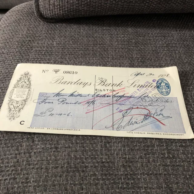 BARCLAYS BANK. VINTAGE USED CHEQUE 1928 Payable To Midland Electric Corporation