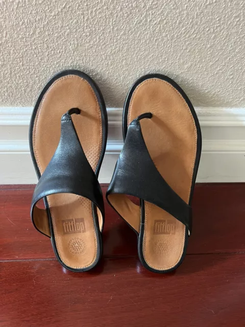 FitFlop Wobble Board Thong Slide Womens Black Tan Sandals Sz US 8