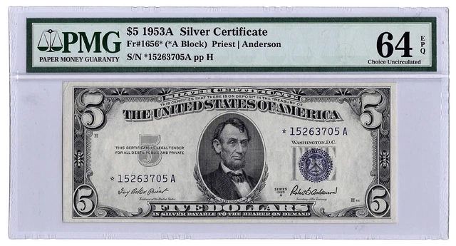 Fr. 1656* $5 1953A Silver Certificate Star PMG Choice Uncirculated 64 EPQ