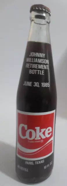 Coca-Cola Paris, TX Johnny Williamson Retirement 46 yrs 1985 10oz Bottle Rust