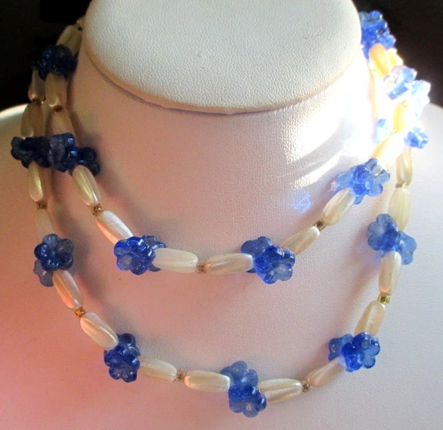 Sautoir Long Perles En Céramique Et Cristal Irisé - Bleu Et Blanc - 95cm + Rallonge