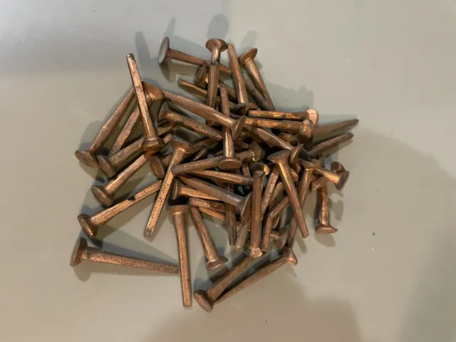 50 VINTAGE, 1 1/2” LONG SOLID COPPER NAILS, 1/8”SHANK--5/16” WIDE head N.O.S