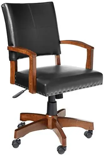Deluxe Wood Banker's Chair with Antique Bronze Nailheads Black Faux Leather