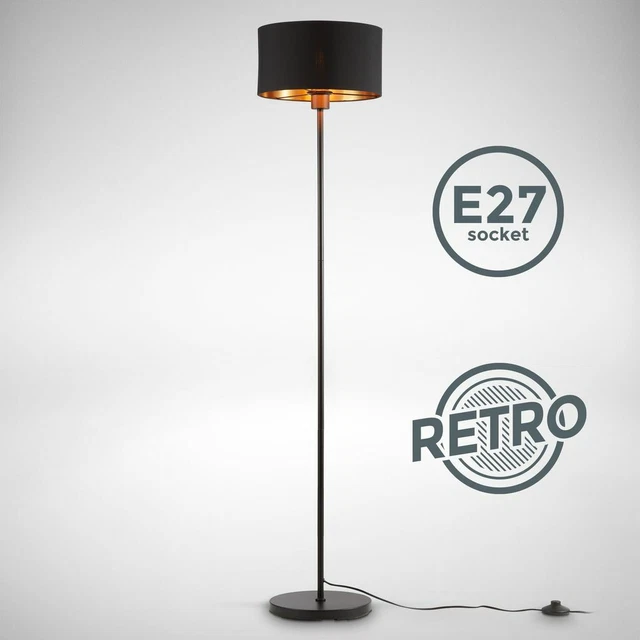 Lampadaire Alsen Noir/Doré Élégant - Lampe Ronde Métal Et Tissu, 1 Flamme E14, Interrupteur On/Off, Idéal Salon Et Chambre