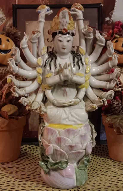 Chinese Thousand Hand Guan Yin Bodhisattva Goddess of Mercy Porcelain Figure 9"