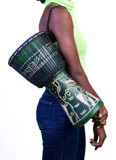 Decorative Medium Djembe Drum 8”Drum Head, 18” Tall Goat Skin Ghanaian Carved