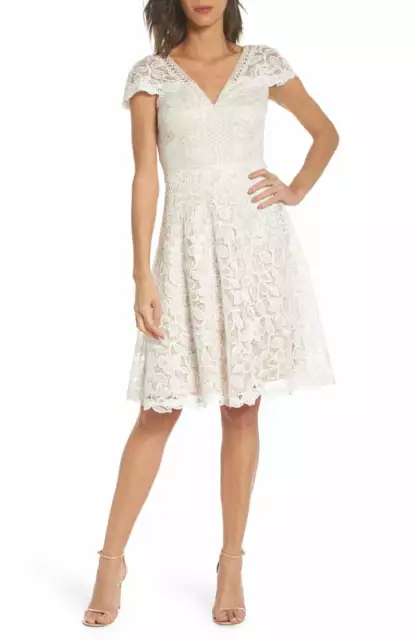 NEW Tadashi Shoji Mixed Lace Fit & Flare Dress in White - Size 12 #D2368