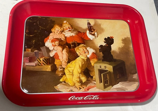 Vintage 1986 Coca Cola Red Santa Coke Dog Boy Company Christmas Serving Tray