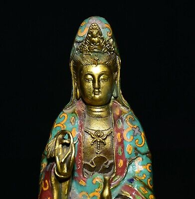 9.6" Vieille Chine Bouddhisme Cloisonné Cuivre Kwan-Yin Guan Yin Déesse Statue 2