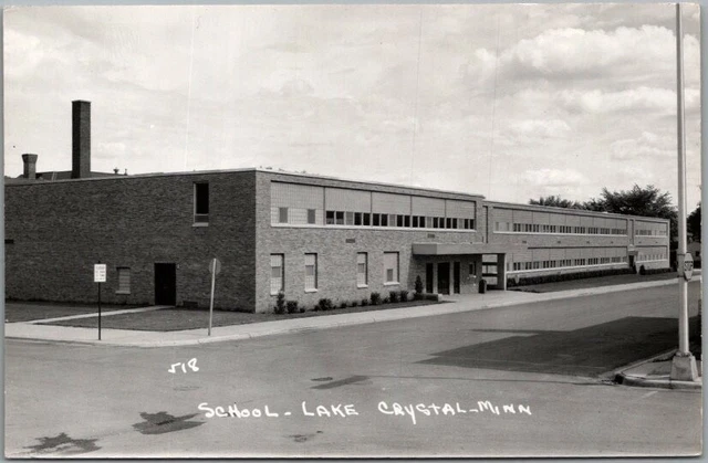 LAKE CRYSTAL, Minnesota RPPC Real Photo Postcard "SCHOOL" Street View c1950s