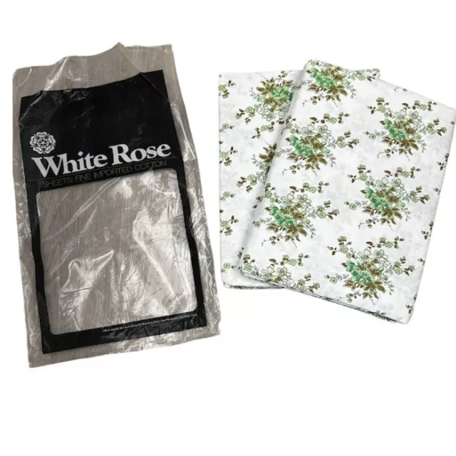 Vintage White Rose Double Flat Sheets x 2 Green & White Cotton Fabric Craft New