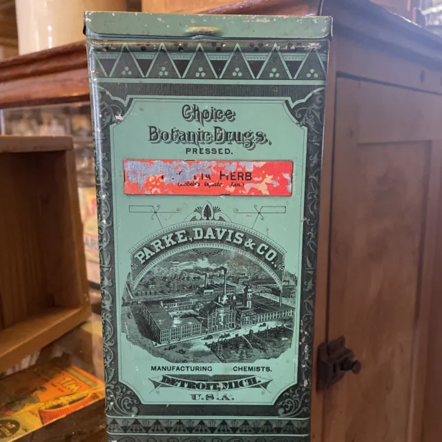 Antique Parke Davis Selected Herbs Vintage Druggist Tin Shelf Display Container