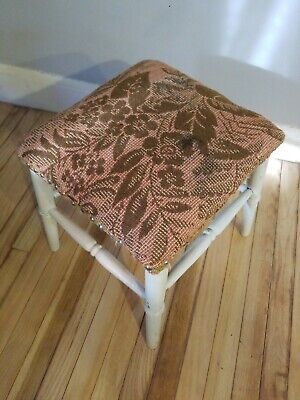 Vintage Foot Stool ~ Woven Tapestry Seat 14" x 14" x 16" Wood Painted White 9