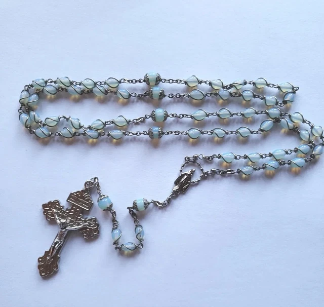 Vtg Blue Glass Wire Wrapped Beads Rosary Mary Miraculous Medal Pardon Crucifix