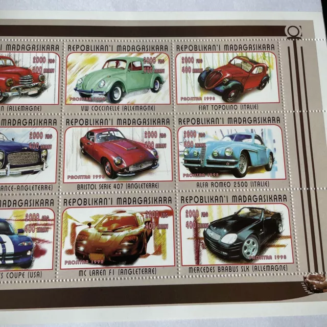 Hoja de estampillas conmemorativas de Madagascar Cars 1998 montada sin montar o nunca montada