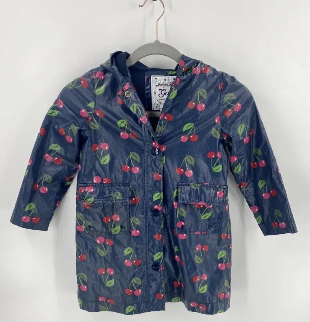 Gap Raincoat Girls Size XS 4-5 Navy Blue Red Cherry Print Hood Snap Up Jacket