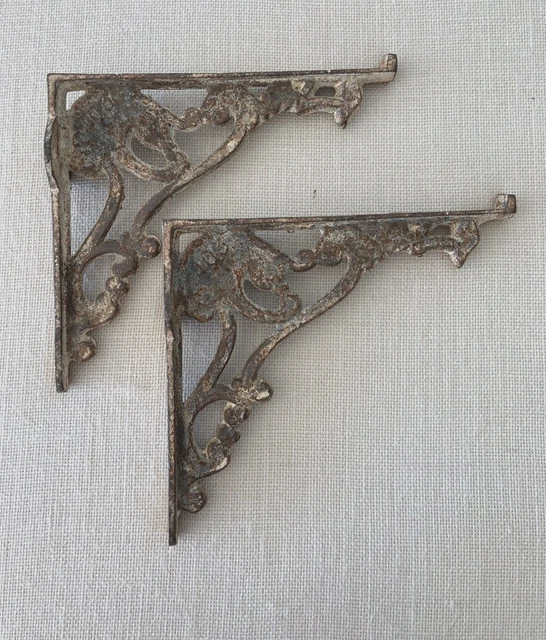 PAIR Antique Victorian Cast Iron Wall Shelf Brackets crusty old patina Salvage