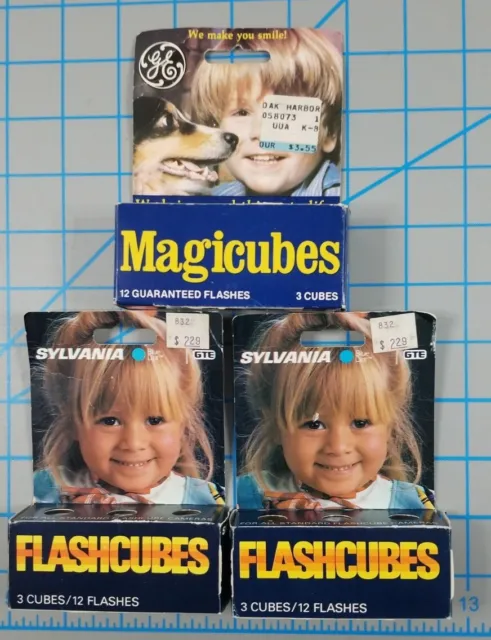 3 Boxes of Vintage GE Magicubes & Sylvania Blue Dot Flash Cubes 36 Total Flashes