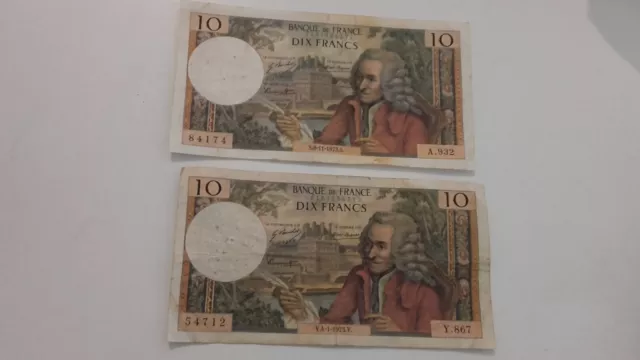 deux anciens billet de banque France , 10 francs ,  1973