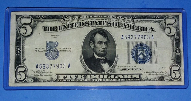*1934 $5 Silver Cert! A/A Blk ! Vf. ! Old Us Currency!  Nice !