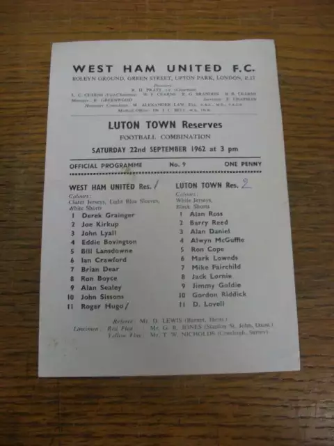 22/09/1962 West Ham United Reserves v Luton Town Reserves  (single sheet, folded