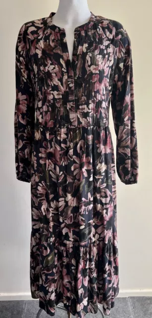 WITCHERY Size 12 Black Floral Tuck Bodice Long Sleeve Midi Dress