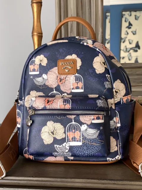 Pucca Floral And Bird Navy Backpack for Girls, School Shoulder Bag