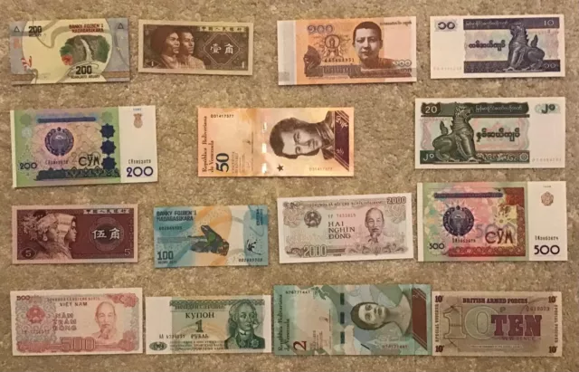 Lot Of 15 World Banknotes. All Different. All Unc. All Genuine