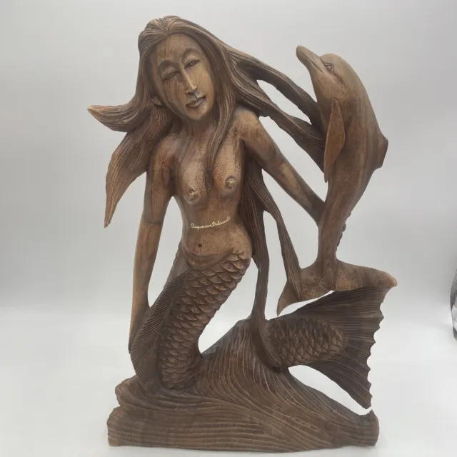 Mermaid And Dolphin Sculpture Wood Carving Statue Cayman Islands Balinese Art