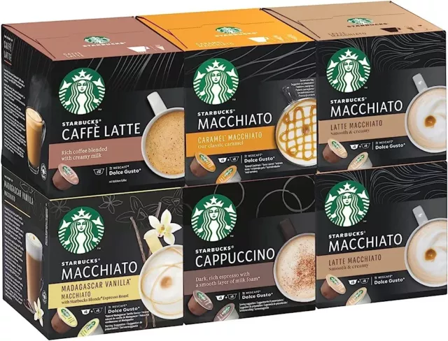 STARBUCKS - Dolce Gusto Coffee Pods (6 x 12) MACHAITTO, CAFFE LATTE, CAPPUCCINO