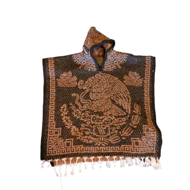 Mexican Poncho For Kids Or Small Adult, One Size Emblem/Native Design Brown