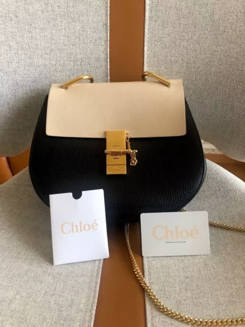 Chloe Drew Chain Shoulder Bag Black White Gold Leather Logo Used From Japan
