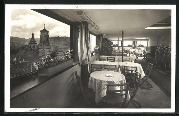 AK Stuttgart, Café Mittnachbau, Innenansicht vom Speiseraum mit Ausblick über S