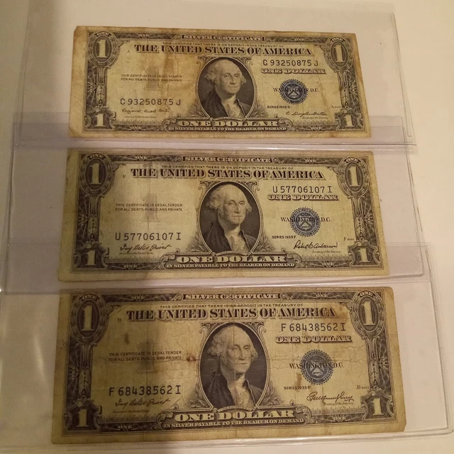 3 Silver Certificates 1935 -G 1935-E 1935-F US Currency Dollar $1 Vintage