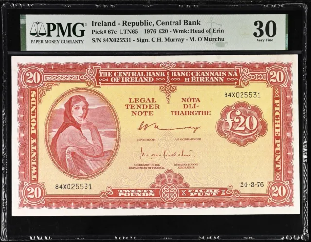 Ireland Republic £20 Pound 1976 P67 VERY FINE PMG 30 VF LADY LAVERY UNDER-GRADED