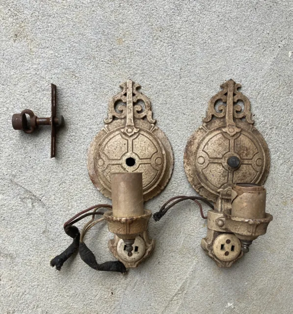 Pair Art Deco Cast Iron Ornate Single  Arm Wall Sconces Needs TLC And Wiring