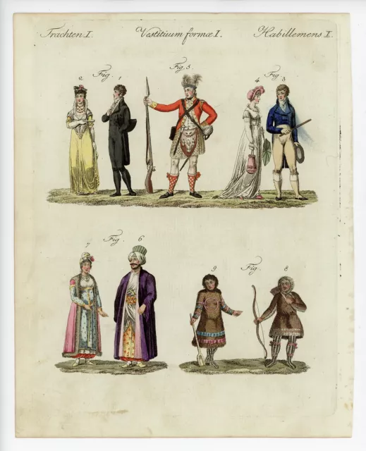 Trachten Mode Europa Frankreich England Türkei um 1800 kolorierter Kupferstich 2