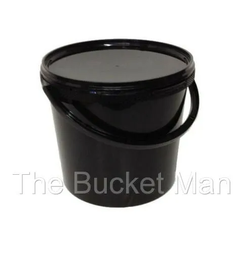 4 x 10 L Ltr Litre Black Plastic Buckets Containers with Lids & Plastic Handles