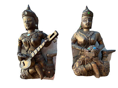 Pair Thai Wooden Statue Carved Buddha gilded glass mosaics Thailand  Asian