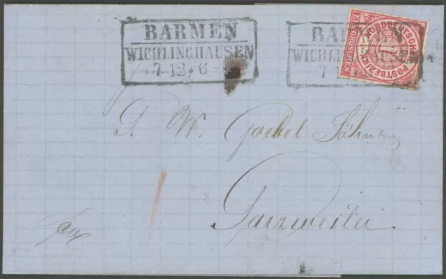 NDP 1868, 1 Gr. mittelrötlichkarmin mit R3 BARMEN WICHLINGHAUSEN auf Prachtbrief