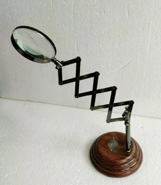 Brass Magnifying Glass on Wooden Stand Vintage Style Desktop Tabletop Magnifier