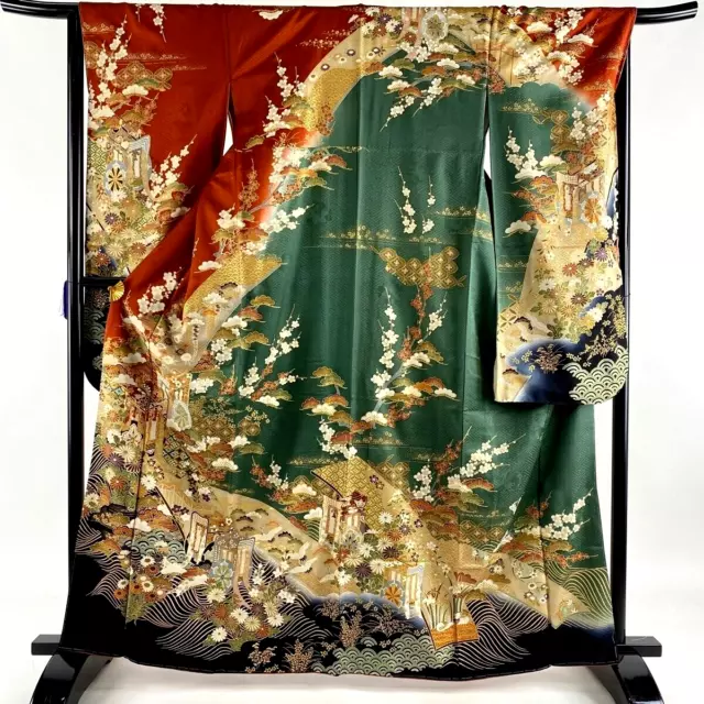 Japanese kimono SILK"FURISODE" long sleeves, Gold leaf, Plants, Coach L64"..2346