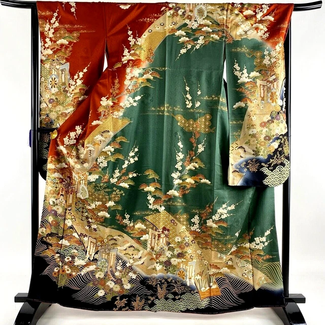 Japanese kimono SILK"FURISODE" long sleeves, Gold leaf, Plants, Coach L64"..2346