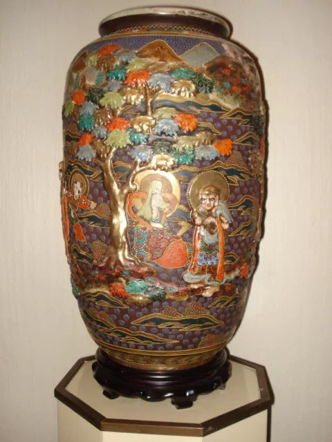 Amazing Huge Rare Satsuma Japanese Vase & STAND Gilt Gold Raised relief immortal