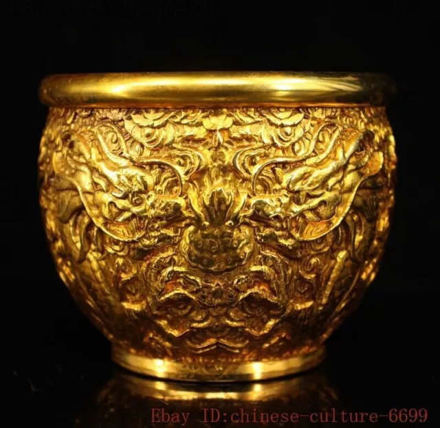 3'' China bronze 24k gold Gilt animal dragon Dynasty palace Tea cup Bowl