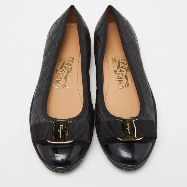 Salvatore Ferragamo Black Quilted Leather and Patent Varina Ballet Flats 3