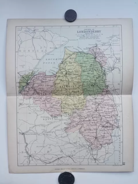 Antique County Map of LONDONDERRY , Ireland - Phillips Handy Atlas , 1882