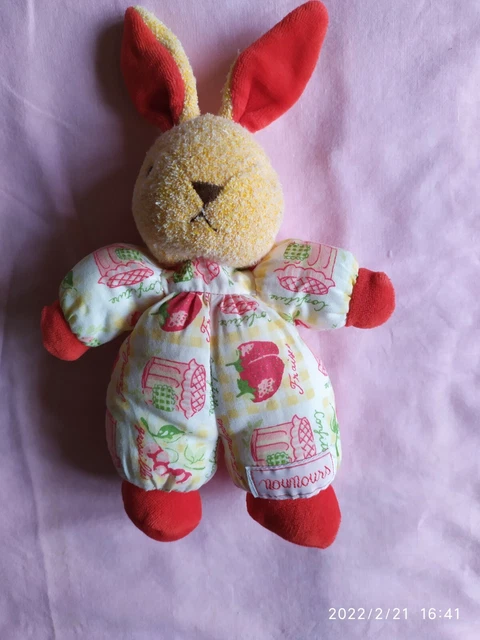 Doudou Peluche vintage Lapin NOUNOURS/imprimé fraise/groseille/pot de confiture
