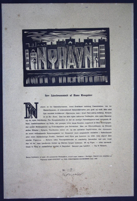 1943 Hans Kongslev Nyhavn Kobenhavn Copenhague Linolschnitt Firmado