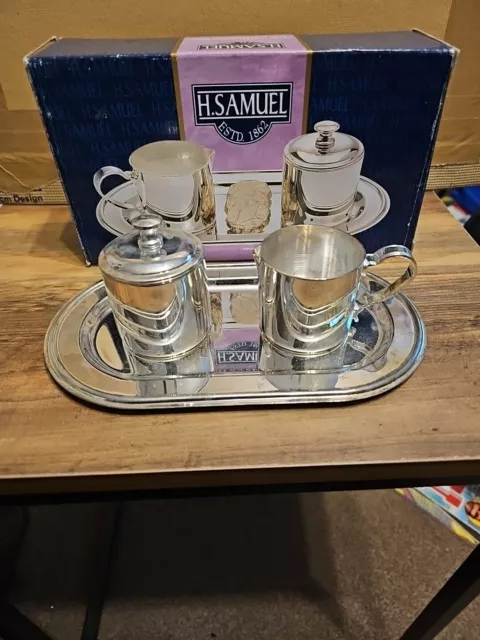 Vintage H Samuel silver plated sugar bowl and cream jug on tray